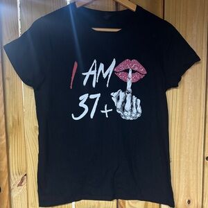 Black Graphic Tee with Red and White Print